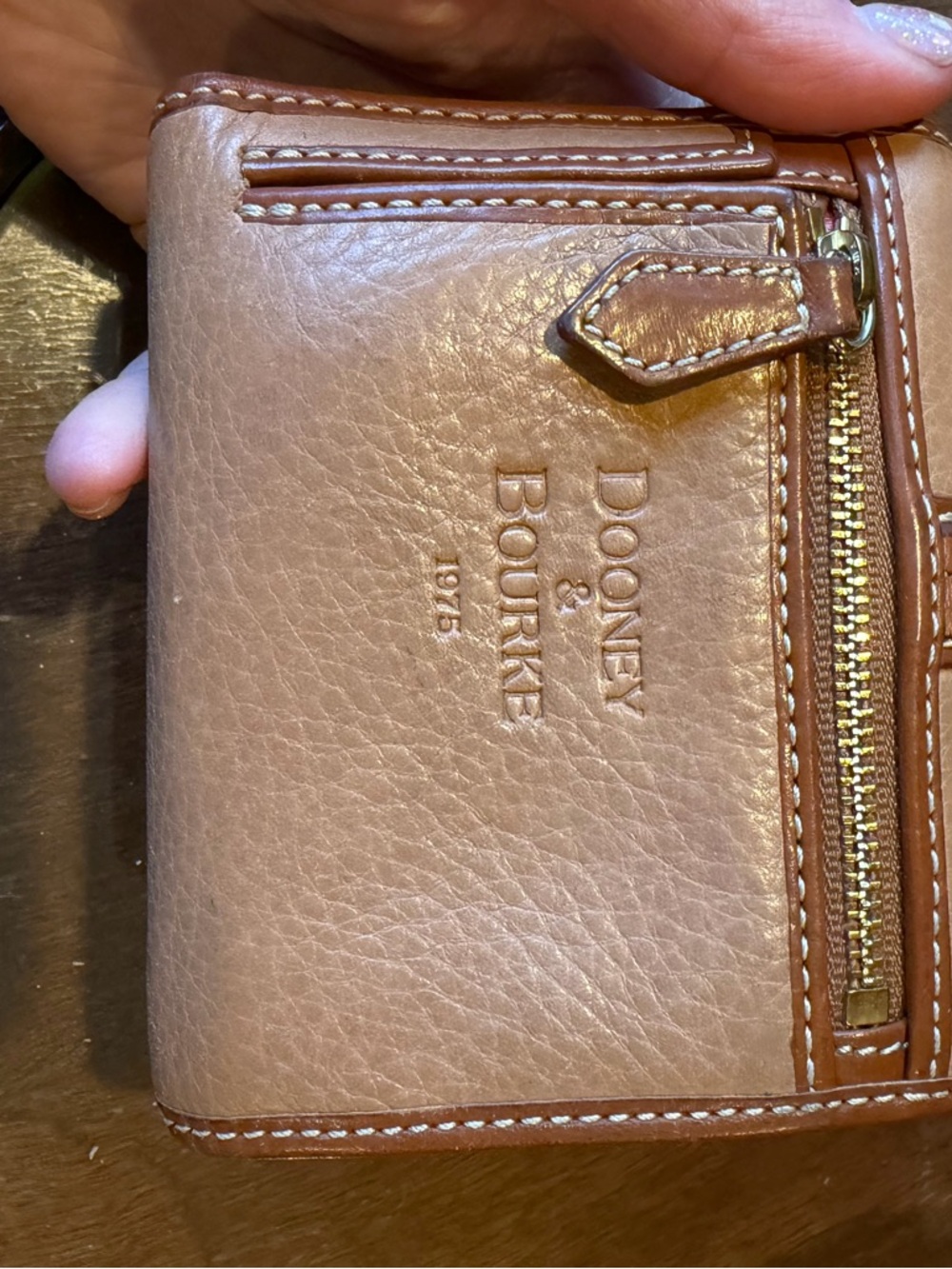 Dooney & Bourke Two-Tone Pebbled Leather Zip Wallet in Light Brown and Chestnut - Picture 4 of 5